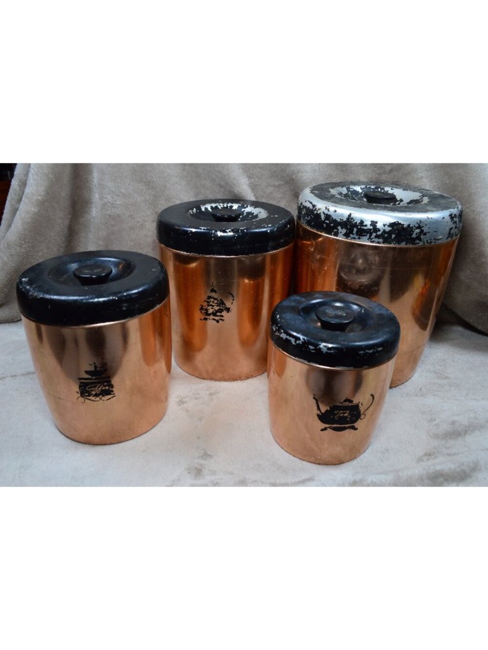 Vintage Copper Tone Kitchen Canisters MCM Retro Farmhouse Chic 4 pc Nesting